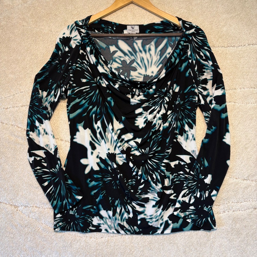 Worthington Floral Cowl Neck Stretch Top Womens Medium Black Teal *